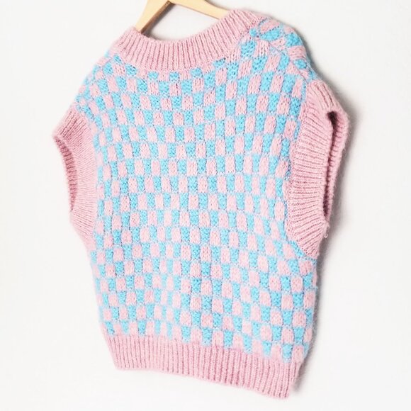 Zara Pink Blue Wool Blend Knit Vest V-neckline Checkerboard S Preppy Classic - Picture 8 of 15